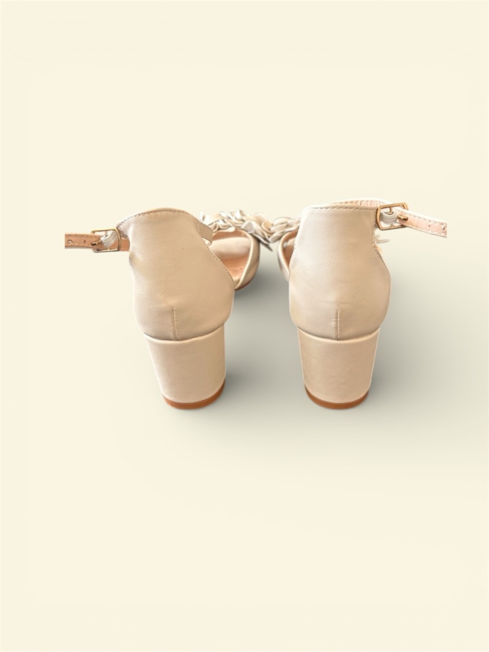 Ankle-Strap Block Heel Sandals with Floral Applique - Cream - Picture 3 of 4